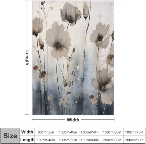Vista 2 de Manta decorativa de flores beige, blanco crema, blanco, azul, gris, flores anchas, manta suave de 30 x 40 pulgadas, manta de franela para sofá