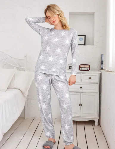Vista 3 de Ekouaer Conjunto de pijama de manga larga para mujer, ropa de dormir con estampado de estrellas, pijamas suaves con bolsillos