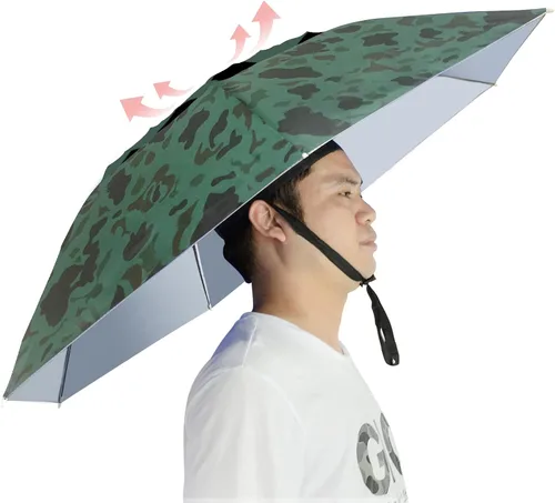 Vista 12 de Sombrero paraguas de pesca plegable ajustable, 37.4” extragrande, con manos libres, 7 nervaduras, impermeable, anti-UV, para pesca, jardinería