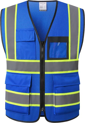 Vista 9 de Chaleco de seguridad para mujer, chaleco de alta visibilidad con 8 bolsillos y cremallera frontal, chaleco reflectante de malla que cumple