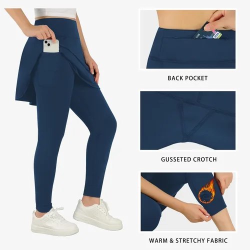 Vista 6 de ANIVIVO Leggings con forro polar hasta la rodilla para mujer, con falda, cálidos para invierno, con bolsillos con cremallera