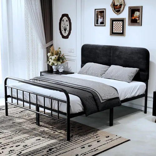 Vista 3 de Base de cama de 14 pulgadas de metal, base de cama tamaño Queen con cabecera tapizada, base de colchón resistente y de alta capacidad, fácil Negro