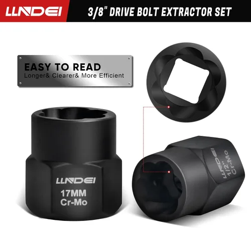 Vista 5 de LLNDEI Kit extractor de pernos, 15 piezas de extracción de tuercas peladas fáciles de sacar con accionamiento de 3/8 pulgadas, acero CR-MO
