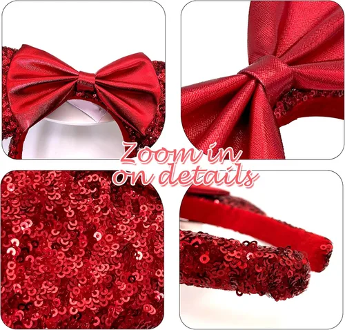 Vista 4 de Swanlake Diadema de orejas de ratón de lentejuelas rojas con lazo, decoración de princesa con purpurina, disfraz de cosplay, vacaciones, regalos