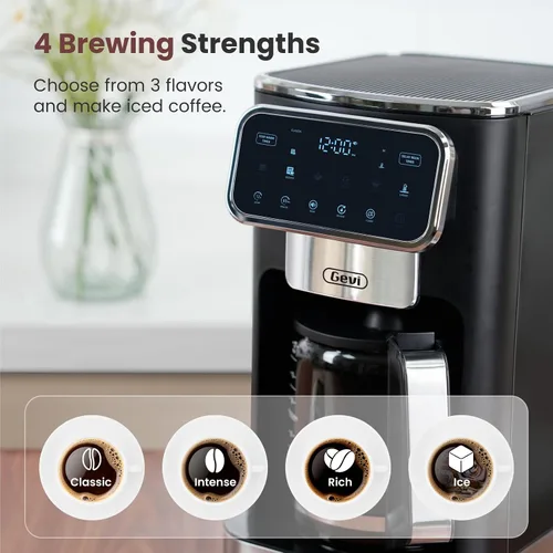 Vista 4 de Gevi Cafetera de 12 tazas con pantalla táctil, cerveza atrevida y helada, jarra de vidrio Cervecera de goteo de 12 tazas, temporizador
