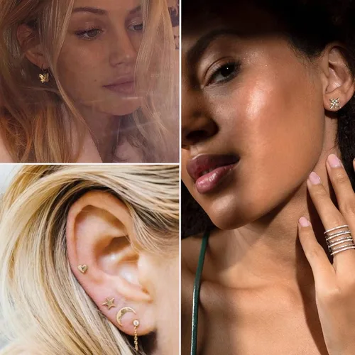 Vista 3 de 68 pares de aretes de oro para mujer, paquete múltiple, hipoalergénicos, surtidos para niñas, múltiples piercings, circonita cúbica, perla