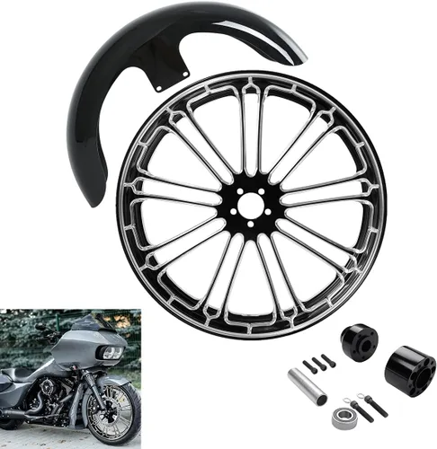 Vista 80 de TCMT Llanta de rueda delantera de 21", buje de rueda de brida de doble disco con guardabarros delantero negro sin pintar, compatible con modelos