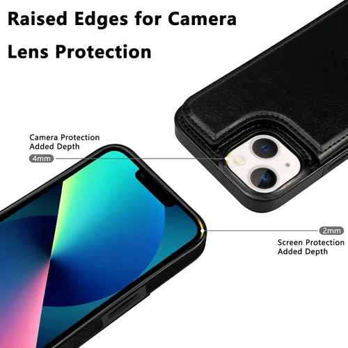 Vista 5 de Funda tipo cartera para iPhone 13 y 14 con soporte para tarjetas, funda trasera de piel sintética, con ranuras para tarjetas, doble cierre