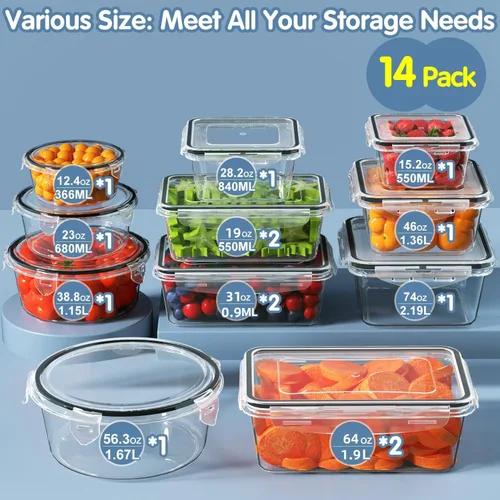 Vista 2 de 28 recipientes de almacenamiento de alimentos con tapas, recipientes extragrandes para congelador para alimentos, sin BPA, para carne, fruta Paquete