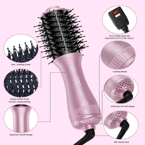 Vista 5 de DAN Technology Cepillo secador de pelo automático de doble voltaje, 110 V-120 V/220 V-240 V, cepillo de viaje, cepillo secador de pelo pequeño
