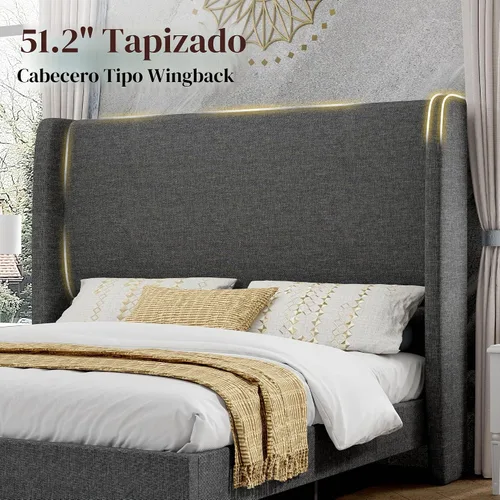 Vista 3 de PaPaJet Base de cama King tapizada de lino de 51.2 pulgadas de alto, color Gris oscuro