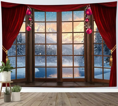 Vista 3 de HVEST Tapiz de bosque de invierno para colgar en la pared, montaña, nieve y pino, exterior, ventana de Navidad, arte de pared, tapiz de invierno