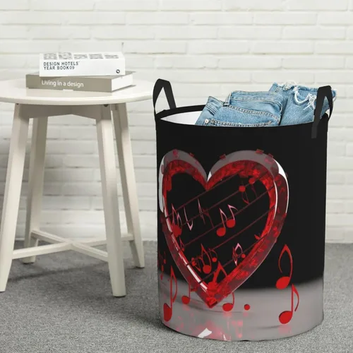 Vista 8 de Music Note Heart print Circular Hamper Waterproof Storage Bin Organizer Basket Laundry Hamper With Handles For Clothes Toys Small