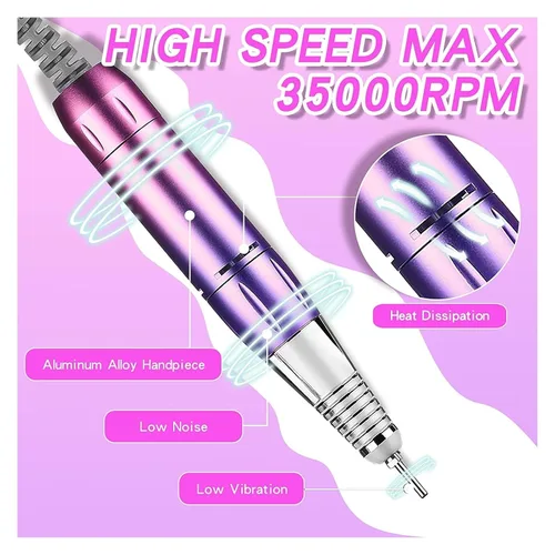 Vista 4 de Lima de uñas eléctrica, 35000 rpm, máquina de manicura, recargable, potente lima de uñas eléctrica, motor profesional para esmalte de gel arcílico
