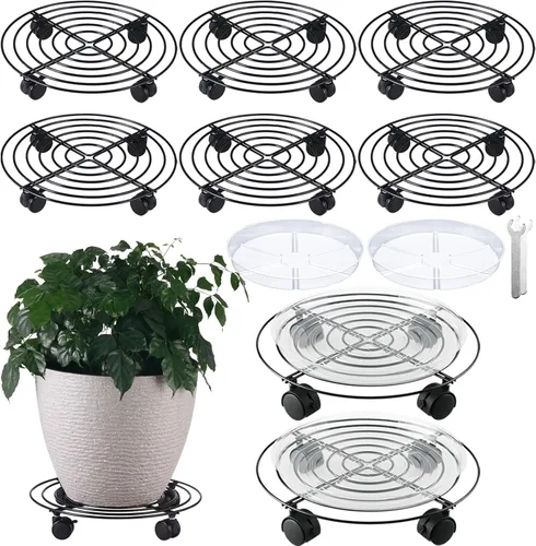 Vista 14 de 6 paquetes de 12 pulgadas de metal grande para plantas con ruedas, soportes rodantes para plantas de hierro forjado, base de rodillos para plantas
