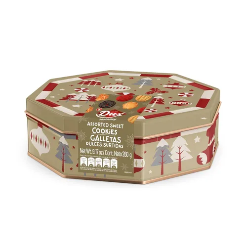 Vista 4 de Dux Holiday Cookies - Lata octogonal, paquete de 3 variedades variadas con galletas de chocolate y vainilla, 9.17 onzas