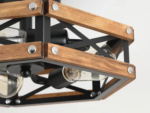 Vista 6 de Lámpara de techo de madera rústica de 3 luces, de madera de roble y jaula de metal, lámpara de techo semiempotrada para pasillo, pasillo, entrada