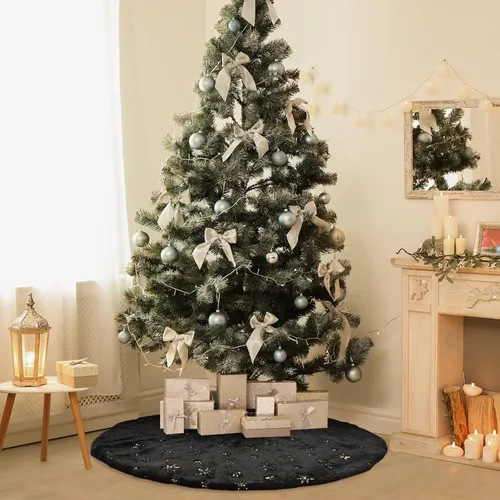 Vista 6 de Falda de árbol de Navidad negra de 30 pulgadas de piel sintética con purpurina dorada copo de nieve, falda de árbol suave y esponjosa