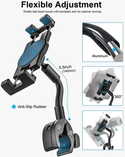 Vista 4 de Soporte para tableta de bicicleta con cuello de cisne, soporte para tableta de brazo ajustable para motocicleta, abrazadera de manillar