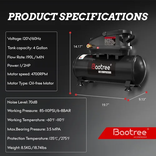 Vista 5 de Compresor de aire portátil, tanque de compresor de aire libre de aceite de 4 galones, motor de 0.5 HP, máximo 110 PSI, 0.6 SCFM a 90 PSI, compresor