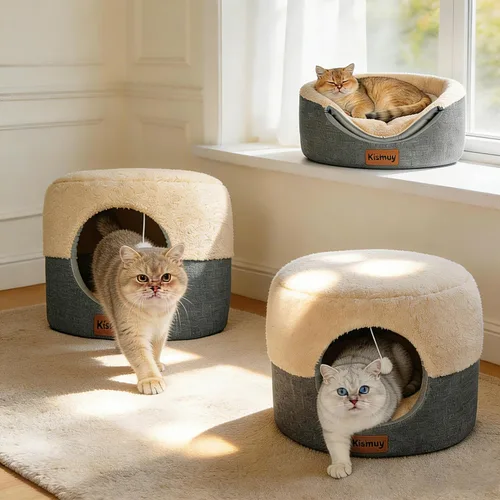 Vista 15 de Cueva de cama para gatos de interior, 2 en 1 plegable para gatos y cama lounge con cojín reversible, casa cerrada calmante y antiansiedad