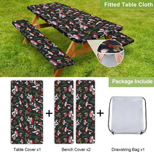 Vista 4 de Mantel de mesa de picnic con fundas de banco de 6 pies, 3 piezas, impermeable, resistente al viento, mantel de camping estético con bolsa