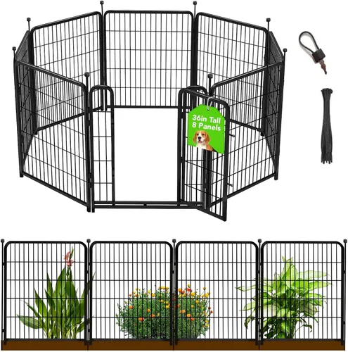 Vista 12 de Vallas Decorativas de Jardín de 24 pulgadas (H) con Puerta, 8 Paneles Total 15.7 pies (L) Valla de Barrera de Hierro Resistente para Animales