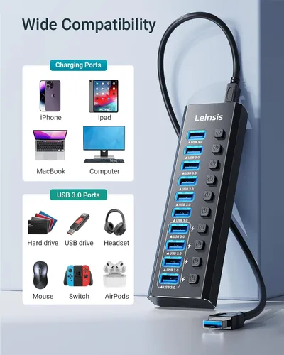 Vista 6 de Hub USB alimentado 3.0, Leinsis Hub USB 3.0 de 10 puertos [aluminio duradero] 10 puertos de transferencia de datos + 4 puertos de carga inteligente