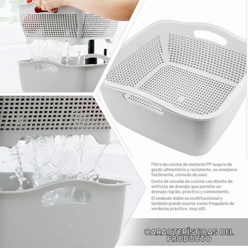 Vista 3 de Cesta de drenaje de doble capa, cesta de plástico para lavar frutas, verduras, cesta de almacenamiento de alimentos, fregadero apilable de verduras
