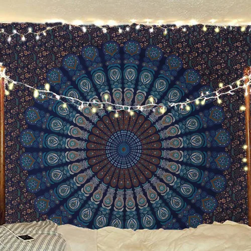 Vista 19 de Tapiz hippie indio bohemio psicodélico dorado azul pavo real mandala colgante en la pared (negro blanco, Queen (84 x 90 pulgadas) (84.6 x 90.6 in)