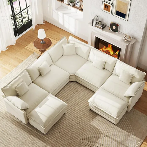 Vista 14 de Sofá de nube en forma de L de 77 pulgadas, sofá modular con otomana, cómodo sofá biplaza de felpilla con almohada para sala de estar, dormitorio