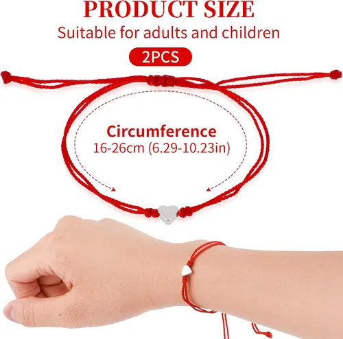 Vista 3 de Yolev 2 pulseras de cuerda roja para protección, pulseras de corazón a juego, pulseras de amistad, pulseras de amistad hechas a mano, pulseras