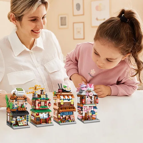 Vista 3 de ELAICREE Bloques de Construcción de Casa de Juguete con Vista de Calle Japonesa, 4 Modelos Mini Bloques de Construcción DIY Modelo MOC Juguete