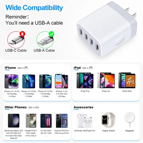 Vista 4 de Bloque de cargador USB, paquete de 2 enchufes USB para toma de pared, cubo Blanco