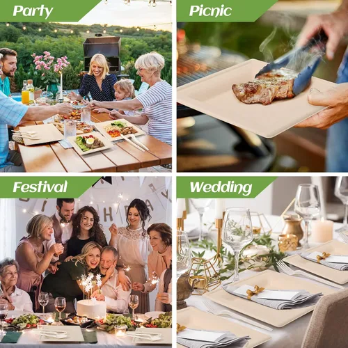 Vista 6 de Juego de platos de papel compostables para fiestas, 300 unidades, platos cuadrados de papel marrón de 10 y 8 pulgadas, utensilios y servilletas