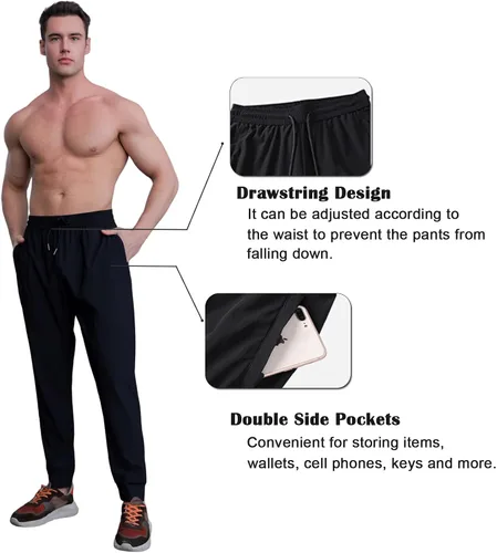 Vista 3 de BECLOH Joggers negros para hombre, pantalones deportivos ligeros sueltos con bolsillos con cremallera, pantalones deportivos de secado rápido
