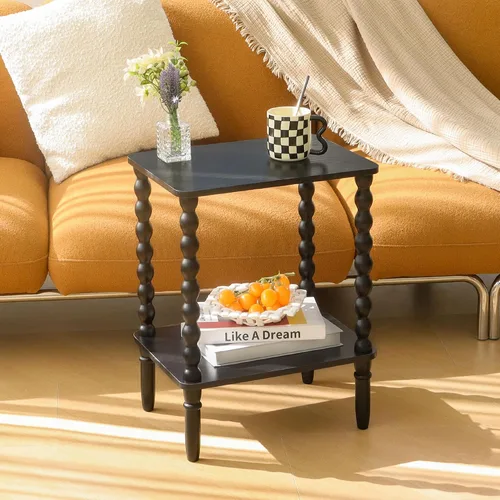 Vista 7 de Fultyle Mesa auxiliar negra, mesa auxiliar pequeña con estante de 2 niveles, mesita de noche vintage con almacenamiento para dormitorio, sala