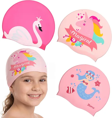 Vista 11 de Syhood Gorras de natación para niños, 3 unidades, impermeables, gorro de natación de dibujos animados para cabello largo y corto, para niños y niñas