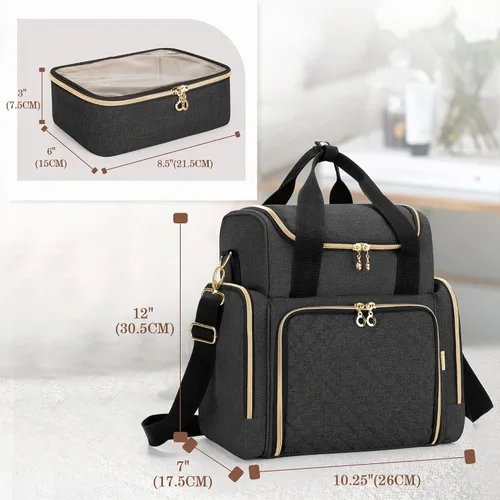 Vista 7 de LUXJA - Bolsa de maquillaje de viaje con 2 estuches de maquillaje extraíbles, color negro Large Cosmetic Bag with Multiple Storage Sections, 3