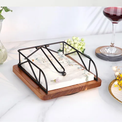 Vista 6 de Servilletero para mesa, madera de acacia y metal, giratorio de 360°, rústico, cuadrado, para servilletas de papel, decoración de mesa de comedor