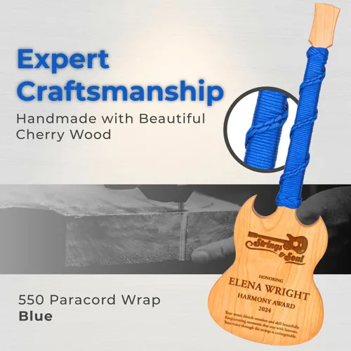 Vista 5 de Premio personalizado de guitarra Cherrywood, placa grabada personalizada con mango de paracaídas azul, 23 x 8 pulgadas Regalo para músicos