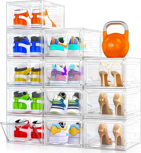 Vista 10 de Organizador de almacenamiento de zapatos de plástico transparente, grueso y resistente c/puerta magnética, cajas apilables, zapatero plegable