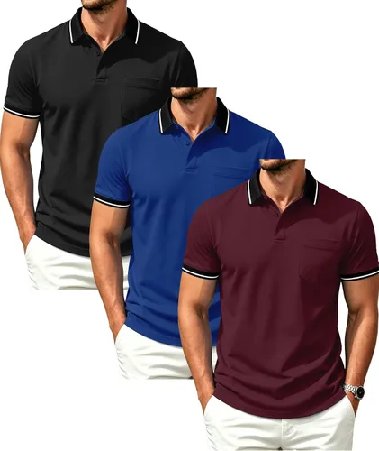 Vista 10 de GEEK LIGHTING Paquete de 3 camisas polo de manga corta con bolsillo para Negro Gris Armygreen