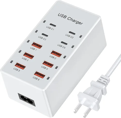 Vista 14 de Estación de carga USB C, cargador de pared para teléfono celular, 10 puertos USBC de carga rápida, cubo de alimentación 4 USB C 6 USB A, bloque