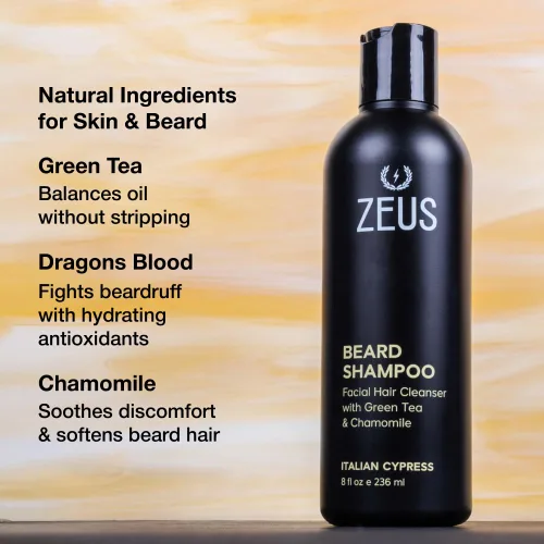 Vista 3 de ZEUS Champú para barba para hombres con manzanilla, té verde y aceites esenciales, hidratación de limpieza profunda para un vello facial más suave