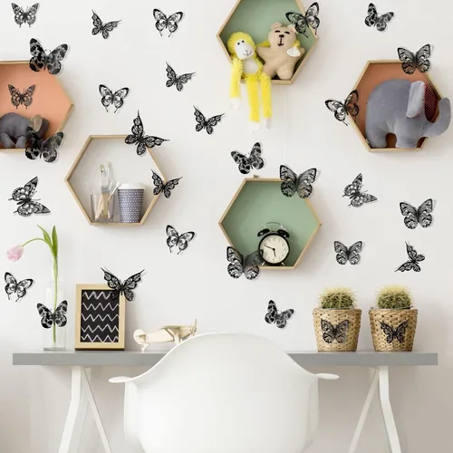 Vista 8 de Amaonm - Decoración de pared de mariposa 3D, 60 unidades, 5 estilos, 3 tamaños, mariposas, removibles, para bricolaje, huecas, de PVC, para niños
