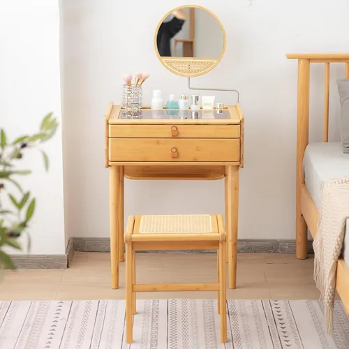 Vista 7 de Escritorio de maquillaje para dormitorio con espejo, tocador con 2 cajones, escritorio de tocador con silla de tocador, juego de tocador