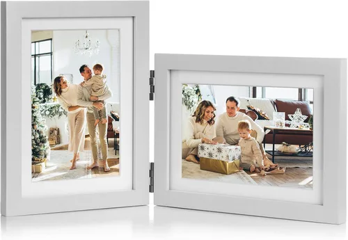 Vista 13 de Marco de fotos doble de 4 x 6 pulgadas con bisagras horizontales, marco de fotos plegable en madera de pino negro con vidrio real para mesa