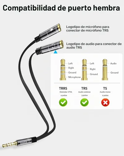 Vista 2 de KINGTOP Adaptador divisor de auriculares y micrófono de 3.5mm - [1 macho a 2 hembras] divisor de auriculares compatible con auriculares de juego