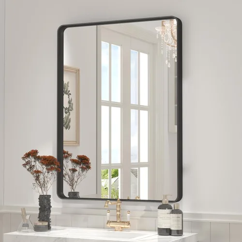 Vista 124 de Paquete de 2 espejos de baño con marco de metal negro de 22 x 30 pulgadas, espejo rectangular redondeado negro mate, antioxidante, se cuelga